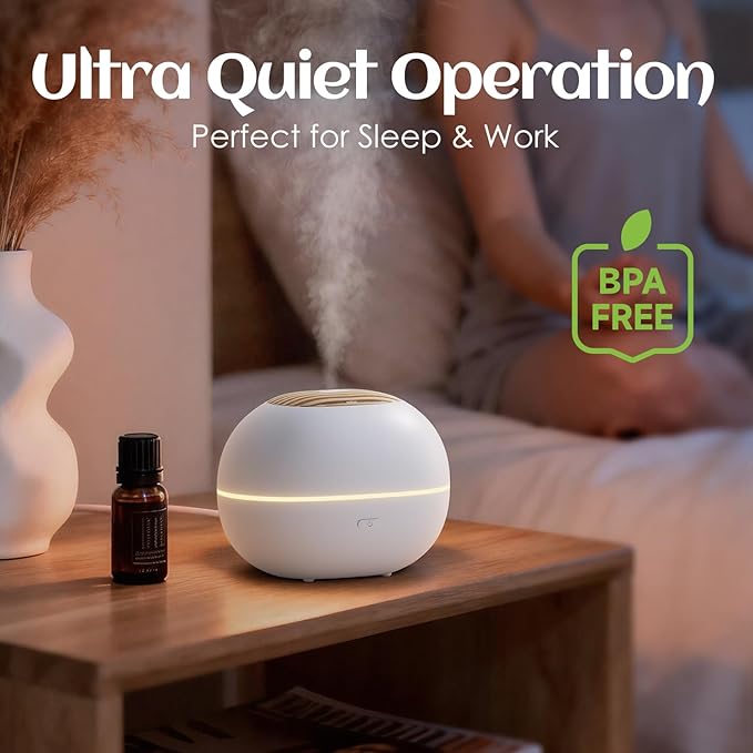 100ml Mini Essential Oil Diffuser, Portable Aromatherapy Diffuser with Warm Light, One-Button Control, Auto Shut-Off, Quiet Ultrasonic Mist for Home, Travel, Yoga, Meditation (White)