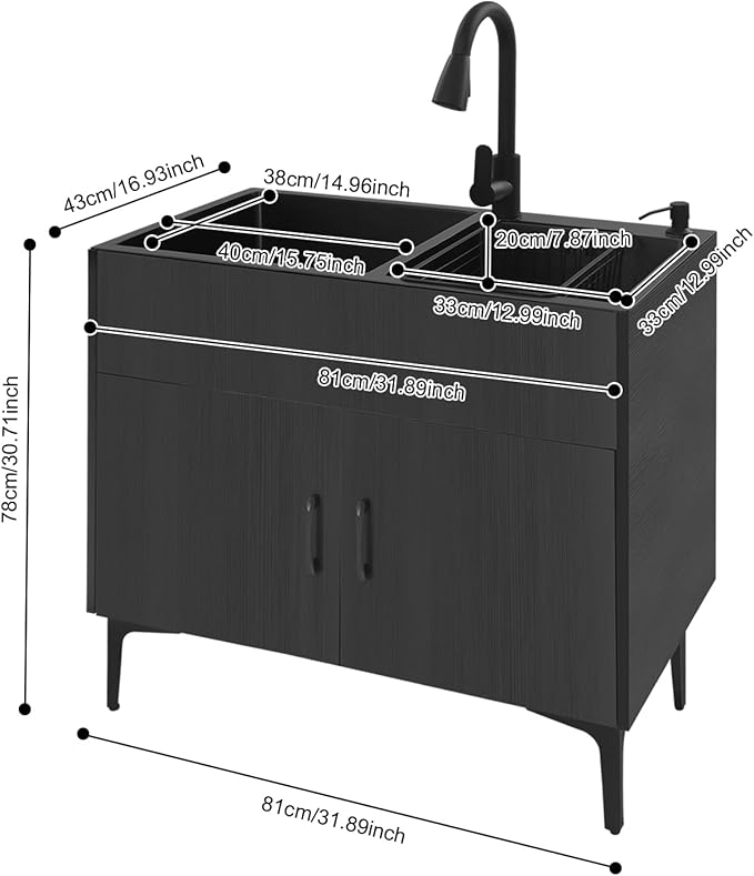 Laundry Sink with Cabinet, Utility Room Stainless Steel Sink with Pull-Out Faucet Dual Bowls, Freestanding Laundry Utility Tub for Kitchen Bathroom 31.89x16.93x30.71in (Black)