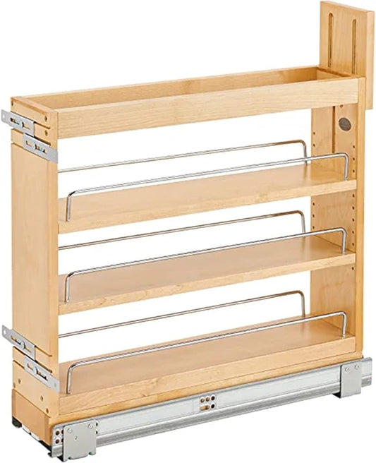 Rev-A-Shelf 5" Pullout Storage Organizer for Base Kitchen/Bathroom Cabinets, Spice Rack/Pantry Shelves with Soft-Close Slides, Wood, 448-BDDSC-5C