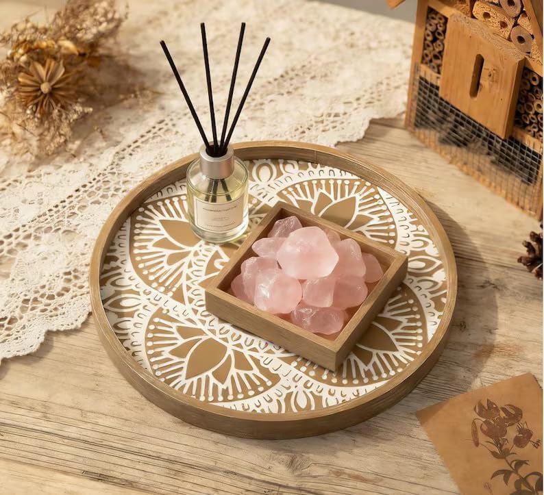 Round Boho Wood Tray Set — Farmhouse Centerpiece, Set of 2