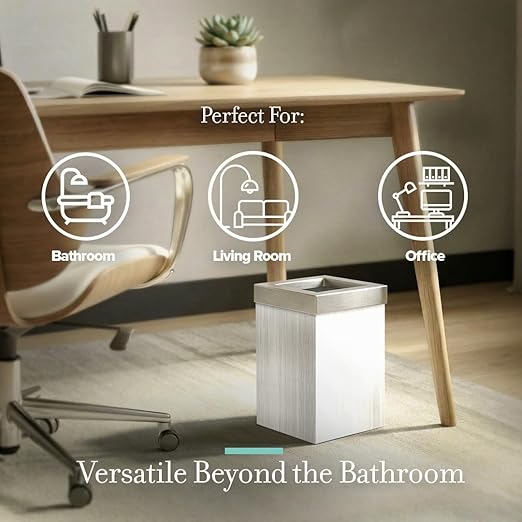 Gatco Small Bathroom Trash Can with Lid, Square 3 Gallon Wastebasket, Under Sink, White Oak with Satin Nickel, for Bathroom, Bedroom, Office (1936SN)