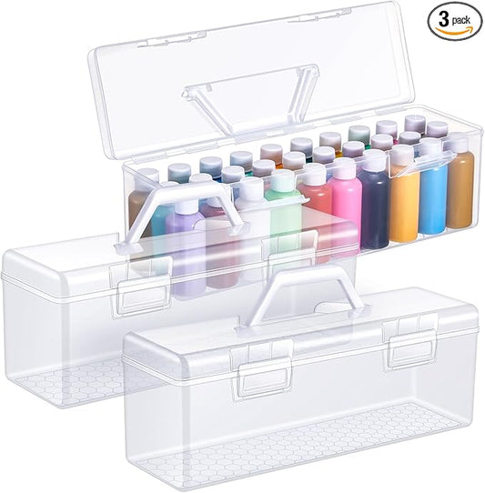 3 Pcs Acrylic Paint Storage Box for 2 Fl. oz Acrylic Paints, Portable Craft Art Organizer with Handle, 30 Bottles Capacity Plastic Art Supply Clear Boxes (White)