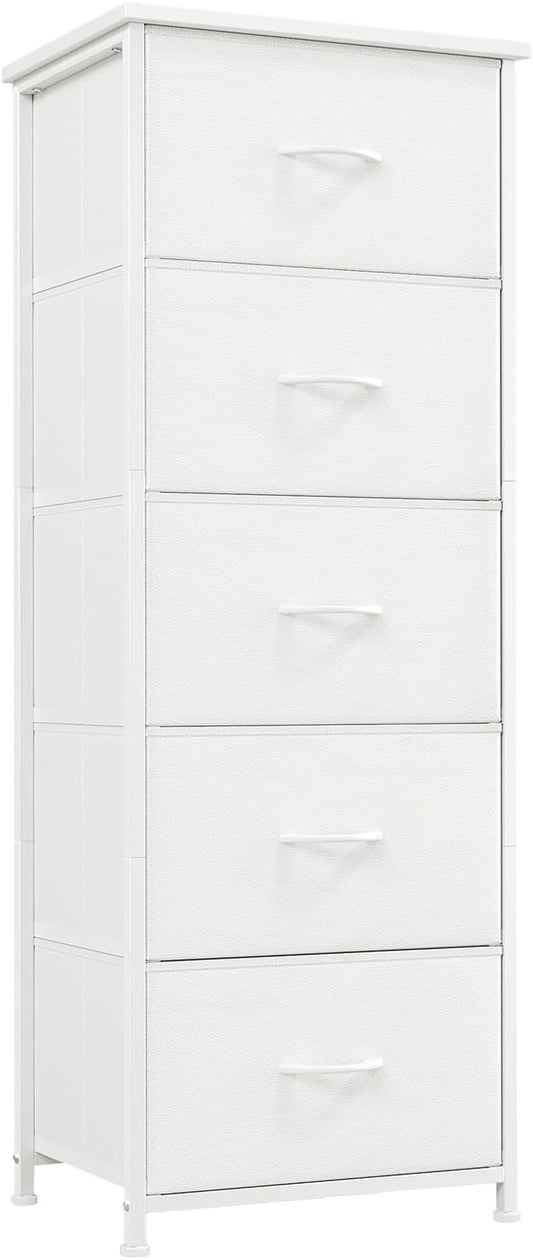 Somdot Tall Dresser for Bedroom, Chest of Drawers Storage Organizer,Steel, Non-Woven Fabric Drawers, Closet Bedside Living Room Entryway Hallway, 11.8"D x 16.5"W x 45.1"H (5 Drawers) White Leather, 1