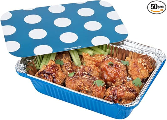 Restaurantware-16 Ounce Disposable Takeout Containers, 50 Rectangle Food Containers - With Polka Dot Lids, Blue Takeaway Container, Aluminum Delivery Container, Freezable