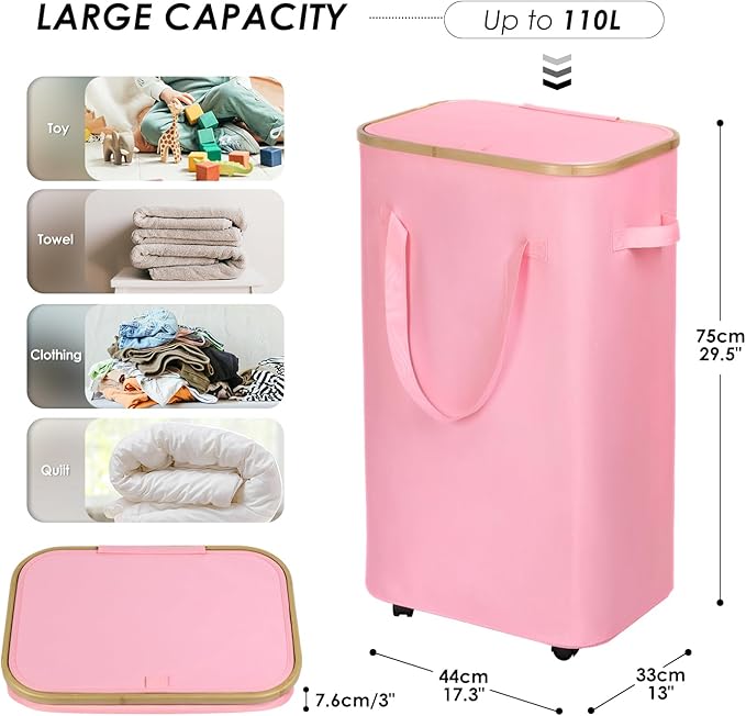 WELTRXE Laundry Hamper on Wheels 110L Large Clothes Basket with Lid and Extended Handles, Foldable Laundry Hamper for Bedroom, Bathroom, Dorm, Laundry Room, Pink Rolling Laundry Basket with Wash Bag