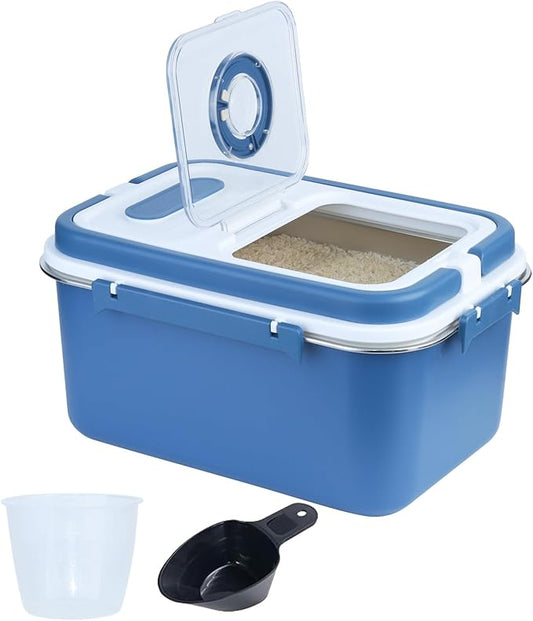 PENCK 20lbs Rice Storage Container Stainless Steel, 10L Airtight Flour Cereal Dispenser with Measuring Cup Portable Food Storage Box for Kitchen Pantry Countertop Blue