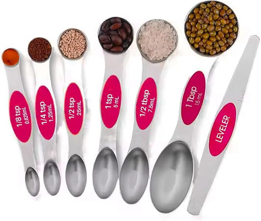 Set of 7 Stainless Steel Magnetic Measuring Spoons Set with Leveler - Stackable Tablespoon Measure Spoon for Baking and Cooking, Kitchen Gadgets for Apartment Essentials (Pink)