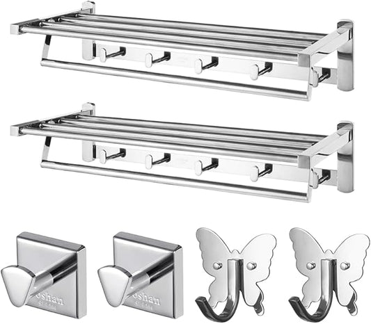 Roshan 6-Pieces Handcrafted and Hand Polished Multi Purpose Towel Rack, SUS304 Stainless Steel Rust Proof and Peel Resistant Towel Shelf, Includes 4 Handmade Hooks (6, Silver)