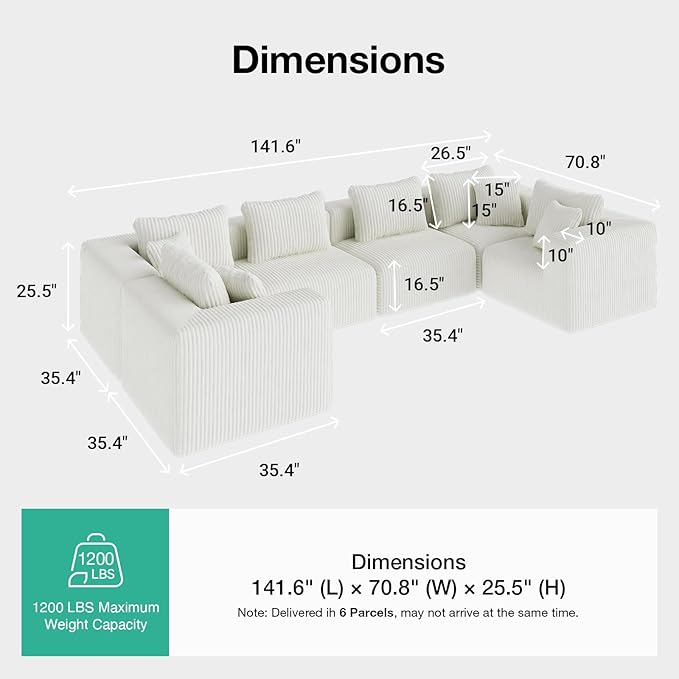 Novilla 141" Modular Sectional Sofa, Modern Cloud Sectional Couch with SmartS Coil® Support, U-Shape Upholstered Boneless Couch for Living Room Apartments Bedroom, No Assembly Required, Beige (6 Seat)