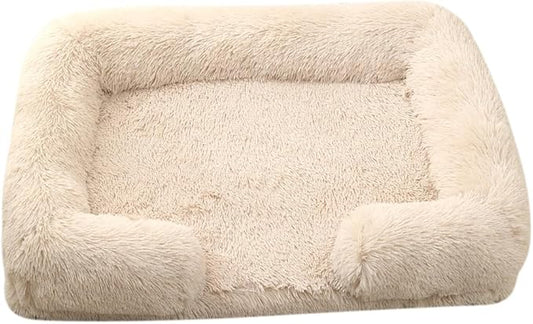 Orthopedic Dog Bed for Medium Dogs - Washable Memory Foam Pet Sofa, Fluffy Plush Rectangular Bed, Waterproof Anti-Anxiety Couch, Light Brown, M