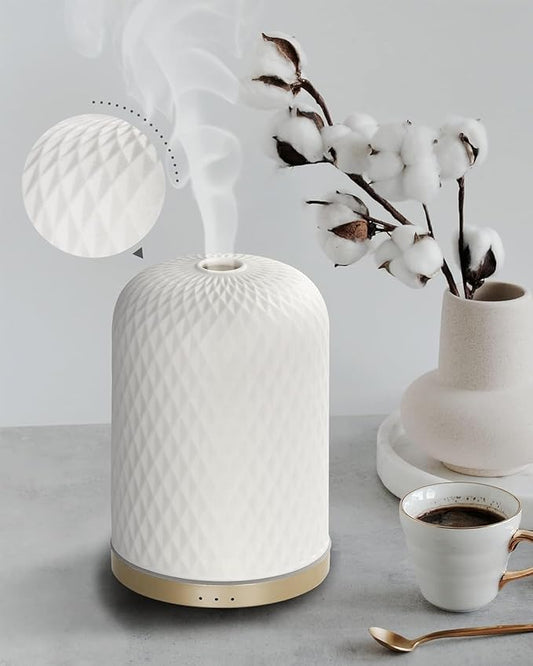 Essential Oil Diffuser - 2.4MHz Ultrasonic Ceramic Diffuser for Home, 110ml, 1/2/3H Mist Timer, Silent (≤25dB), Waterless Auto-Off, Aromatherapy Diffuser with USB Cable