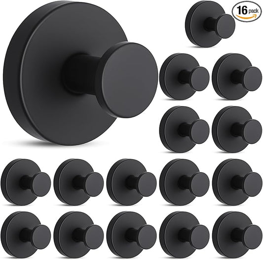 Suction Cup Hook for Shower, 16 Pack Wall Mount Towel Holder, Removable Towel Hook - Stainless Steel No Drill Hook for Bathroom Window Glass Door Wall Home Kitchen Black