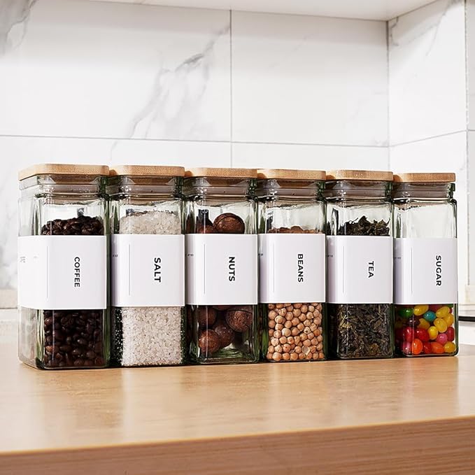 APT 1101 27 oz Glass Storage Jars with Bamboo Lid, set of 6, glass canisters with airtight lids, Clear jars with lids for Cookie, Candy, Tea, Coffee Bean and Rice (White)