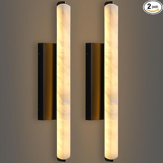 Alabaster Wall Sconces Set of Two, 25" Black Alabaster Sconce, Spanish Natural Marble Bathroom Vanity Sconces, Rectangle Modern Sconces Lighting for Bedroom Living Room Staircases Hallway