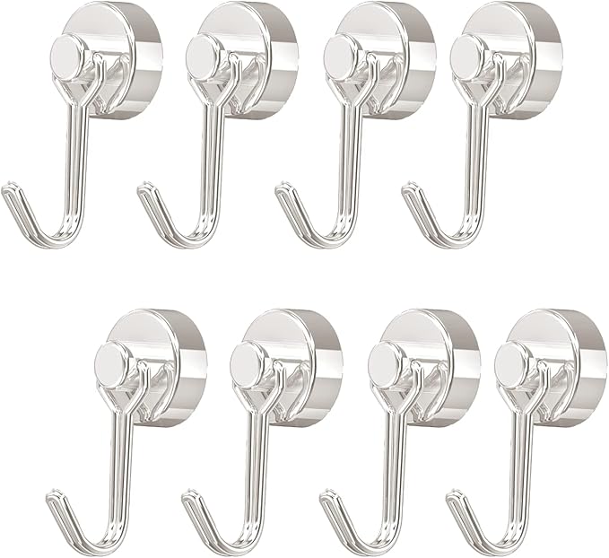Donanim Magnetic Hooks,Heavy Duty 30LBS 8 Pack Neodymium Magnet Hook Hold for Kitchen Tools Hanging, Refrigerator, Grill, Kitchen, Key Holder, Silver