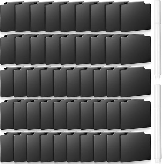 50 Pcs Basket Labels Clip Set for Storage Bins - Include 48 Removable PVC Bin Label Holders with 2 Chalk Markers for Kitchen Pantry Organization Labeling Box Shelf (Black)