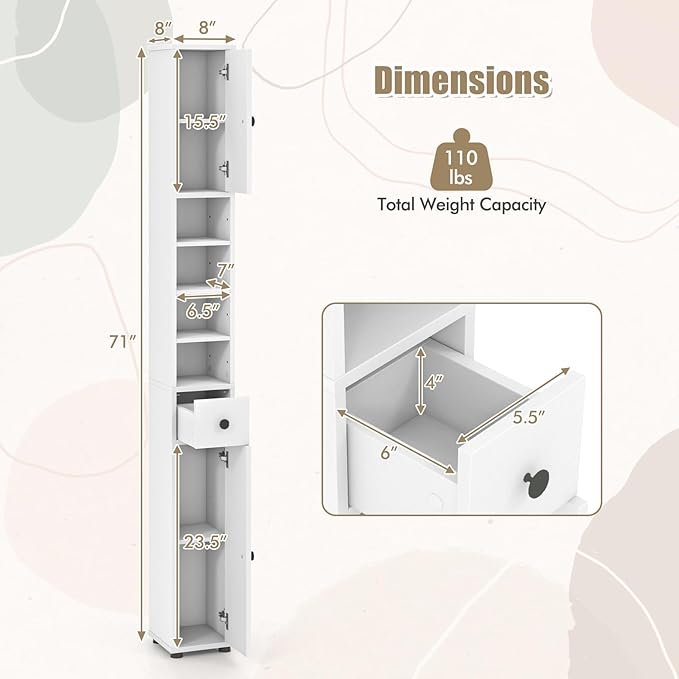 HOMGX 71” Tall Bathroom Storage Cabinet, Freestanding Linen Floor Cabinet with Drawer, Doors & Adjustable Shelves, Narrow Slim Cabinet for Living Room, Entryway, Small Spaces (White)
