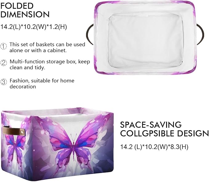 Storage Basket Purple Butterfly Rectangular Collapsible Canvas Shelves Storage Bins with Leather Handles for Shelves Home Closet Bedroom Living Room, 1Pack