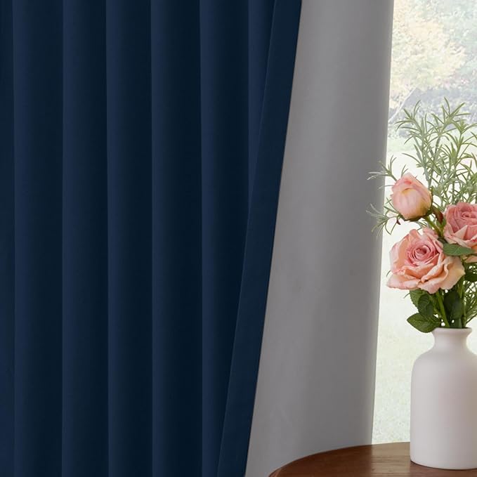 INOVADAY 100% Blackout Curtains for Bedroom, Black Out Curtains 72 Inch Long, Clip Rings Linen Blackout Drapes, Thermal Insulated Room Darkening for Living Room, 2 Panel - Midnight Blue,W50xL72