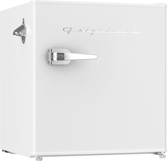 Frigidaire Retro Compact Fridge with Chiller, Countertop, Built-In Bottle Opener, Compact Refrigerator 1.6 cu ft, Mini Fridge for Office, Bedroom, Dorm Room or Cabin - 16" D x 18" W x 18.5" H (White)