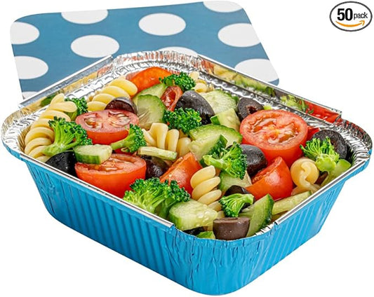 Restaurantware-12 Ounce Disposable Takeout Containers, 50 Rectangle Food Containers - With Polka Dot Lids, Blue Takeaway Containers, Aluminum Delivery Containers, Freezable