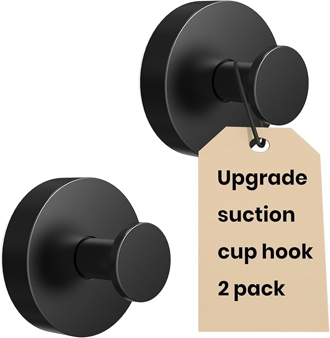 Vacuum Suction Cup Hooks for Shower 2 Pack, Heavy Duty Aluminum Alloy Towel Hooks for Bathroom Kitchen Glass Tile Mirror Wall No Drill Removable Robe Loofah Coat Suction Hooks Hanging-Black