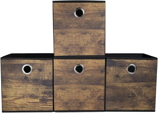 4 Pack Durable Storage Cube Bins with Wood Grain,Thickened Fabric Box,Storage Baskets for Open Shelf,Bookcase,Closet,Storeroom,Bedroom,Living Room,Nursery,Office,Dorm, 10.2x10.2x11in (Small)