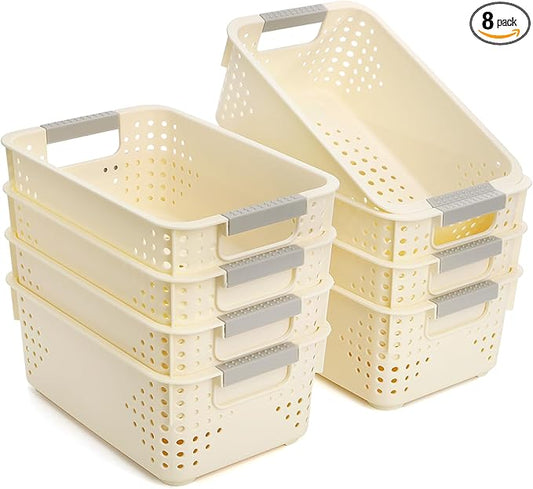 Frcctre 8 Pack Plastic Storage Baskets, Small Pantry Organizer Basket Bins Household Organizers with Handle for Kitchen Cabinet Countertop Bedroom Bathroom, 9.8"L x 6.5"W x 3.9"H, Off-white