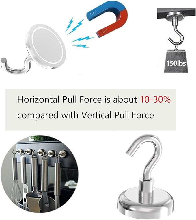 150lb Heavy Duty Magnetic Hooks with 1.42" Dia Magnetic Base - 6Pack, Neodymium Magnets with Hook for Kitchen, Workplace, Super Strong Cruise Magnet Hook for Hanging, Magnetic Hanger