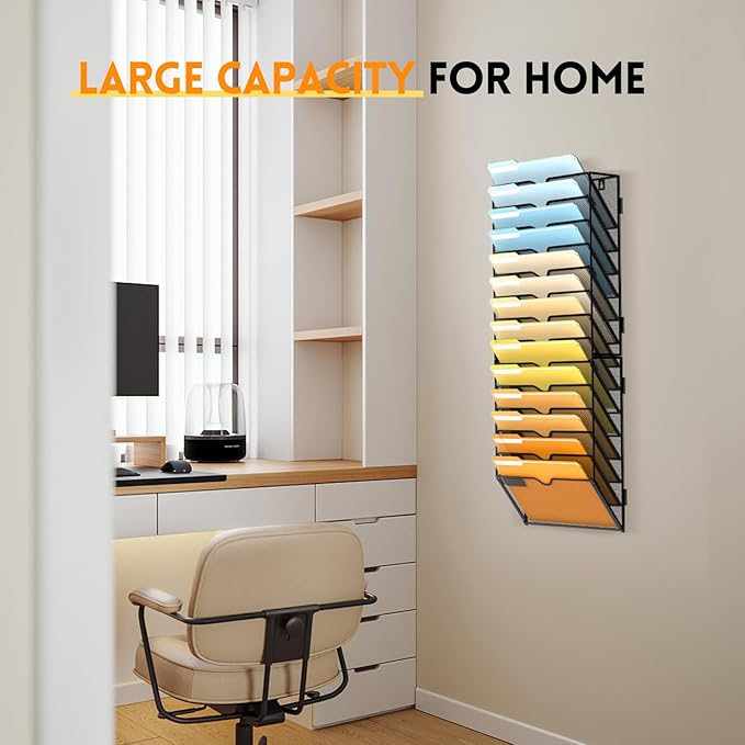 SUPEASY 14-Tier Wall File Organizer Mesh Office Mail Holder, Hanging Wall Organizer Magazine Rack for Office Black