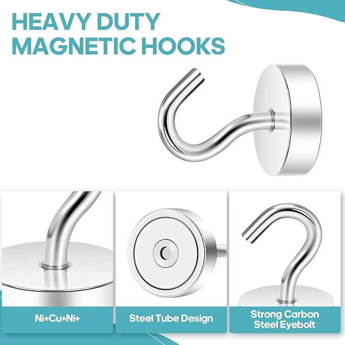 Neosmuk Magnetic Hooks, Cruise Ship Essentials, 40lb+ Heavy Duty Magnetic Hooks for Cruise Cabins, Refrigerator, Grill, Hanging, and Travel | Extra Strong Must-Haves Magnet Hook,Silver