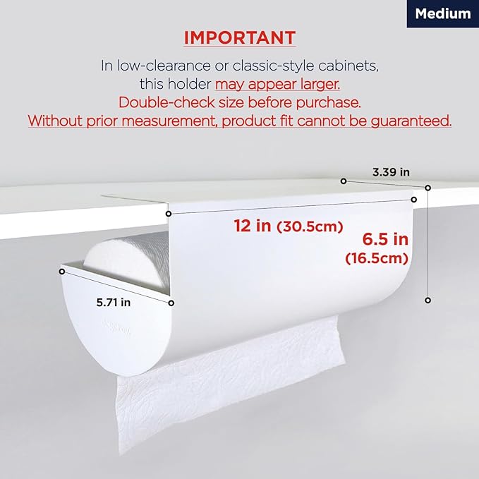 Paper Towel Holder - Under Cabinet, No-Drill Self-Adhesive Hanging Rack, Easy Tear, Space-Saving Sleek Metal Kitchen Roll Dispenser, Wall-Mount Look, Kitchen Storage & Organization - White