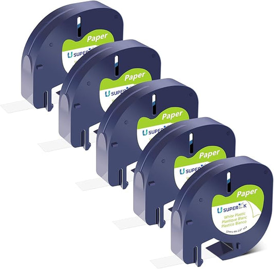 5 Pack Black on White Paper Tape Compatible for Dymo LetraTag Label Maker Refills 91330 White Paper Label Maker Tape 12mm x 4m (1/2" x 13') for Dymo Letratag LT100H LT100T 200B