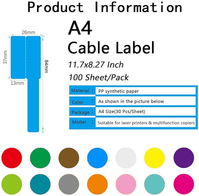 14 Sheet Multicolor Cable Labels, 420 Pcs Waterproof Vinyl P-Shaped Cable Tages for Cord Management,Self-Adhesive Handwritten Wire Markers for Electronics Cable Organize,Printable for Laser Printer