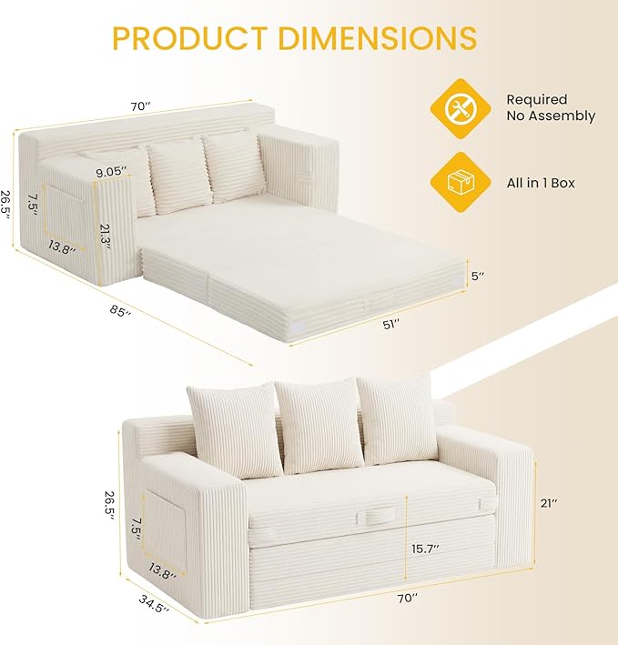 Boneless Couch Sleeper Sofa Bed: 3-in-1 Convertible Sofa Bed with Side Pockets & Handle,Pull Out Couch with 3 Pillows,Folding Futon for Small Space,Living Room & Bedroom