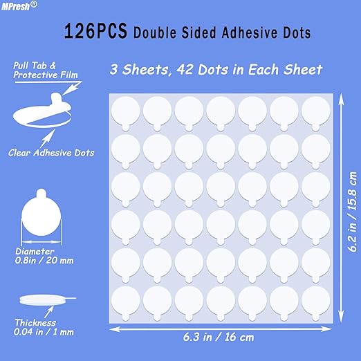 Double Sided Sticky Dots with Pull Tab, 0.79" Adhesive Sticky Tack Tape, Clear Museum Putty Sticky Glue for Wall Hanging, Crafts, Balloons, Poster, Decorations No Residue, 126 Dots