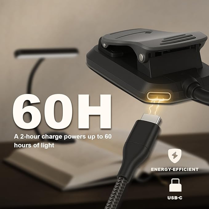 Rechargeable Book Lights for Reading at Night 25 LED - Eye Caring 15 Level Stepless Dimming, Extended 60Hrs Runtime, Lightweight Clip on Light, Gifts for Book Lovers, Black