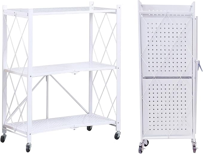 Folding Shelf Foldable Shelves with Wheels - Folding Shelves No Assembly, Collapsible Shelf Unit Display, Kitchen Organizers and Storage, Pop Up Heavy Duty Rack , 3-Tier White 28"D x 14"W x 34"H