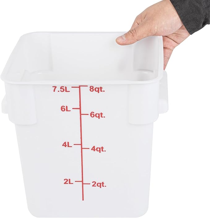 Restaurantware Food Storage Container 10 Pack of 8 qt Plastic Kitchen Storage Bin with Volume Markers Space-Efficient Design Dishwasher-Safe Polypropylene White