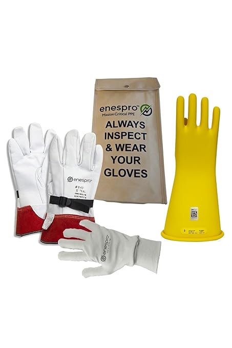 Enespro Class 2 Yellow Rubber Voltage Insulating Glove Premium Kit with FR Knit Glove and Leather Protectors, Max. Use Voltage 17,000V AC/ 25,500V DC, KITGC2Y08AG