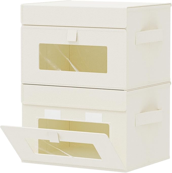 Storage Bins with Lids, Cube Organizer Basket with Window, Closet Boxes with Carrying 2 Handles and Sturdy PP Support Plate, 2 Pack, Beige, 10.2 x 7.9 x 6.7 In, XSNY17BES-2