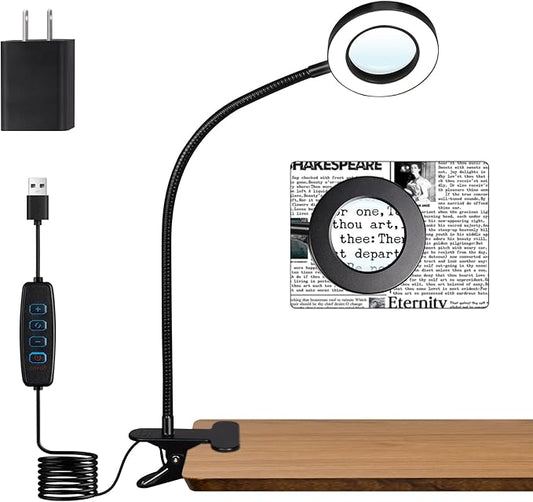 5X Magnifying Glass Desk Clip Light, 10 Brightness, 3 Color Modes, 5V/2A Adapter Included Clamp Light for Reading, Crafting, Close Work (Black)