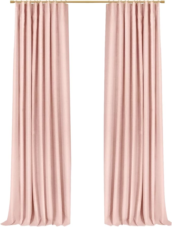 INOVADAY 100% Blackout Curtains for Bedroom, Black Out Curtains 90 Inch Long, Clip Rings Linen Blackout Drapes, Thermal Insulated Room Darkening for Living Room, 2 Panels - Blush Pink,W50xL90
