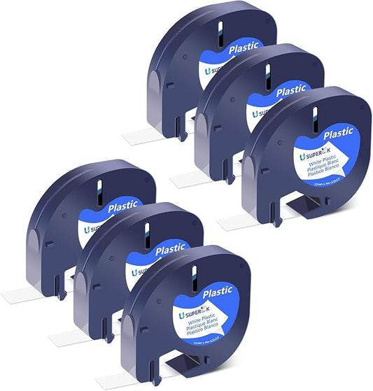 6 Pack Plastic White Tape 1/2'' 91331 Compatible for Dymo LetraTag Refills S0721660 12mm x 4m for Letratag Label Maker 200B LT-100H LT-100T QX50