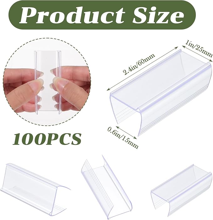 100Pcs Shelf Label Holders, Clear Plastic Price Tag Sign for Counters, Warehouses, Bookshelf Shelves, Wire Wood Shelf Sign and Ticket Holder 2.4 in L x 1 in H Clips On to Shelves 3/4" to 1" Thick