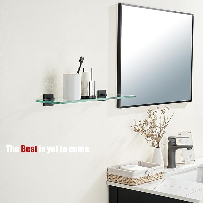 JQK Bathroom Glass Shelf Black, Tempered Glass Shower Storage 20 by 5 inches, 304 Stainless Steel Matte Black Wall Mount, TGS201L20-PB