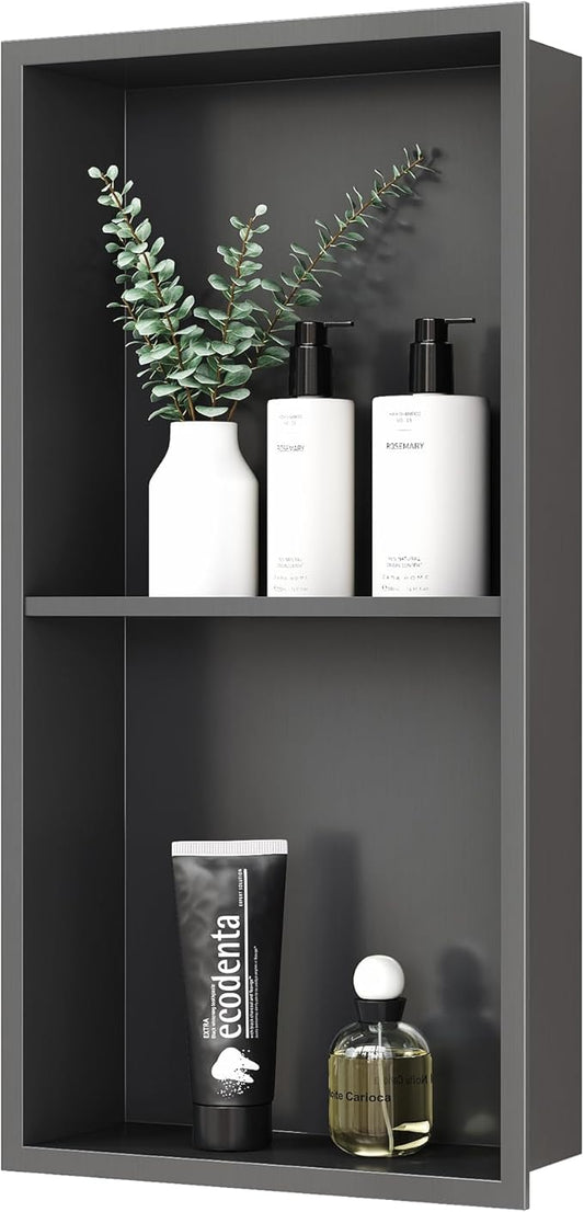 Stainless Steel Shower Niche 24" X 12", No Tile Needed Wall Niche Double Shelves, Recessed Shower Shelf for Bathroom Storage, Gun Metal