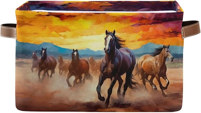 Storage Basket Horse Rectangular Collapsible Canvas Shelves Storage Bins with Leather Handles for Shelves Home Closet Bedroom Living Room, 1Pack