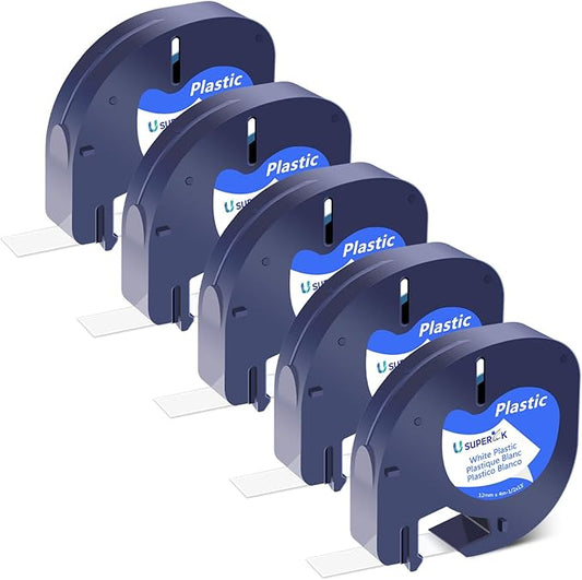 5 Pack 91331 Plastic White LetraTag Label Tape Compatible for Dymo Label Maker Refills S0721660 12mm x 4m for Dymo Letratag Refills LT100H LT100T 200B QX50