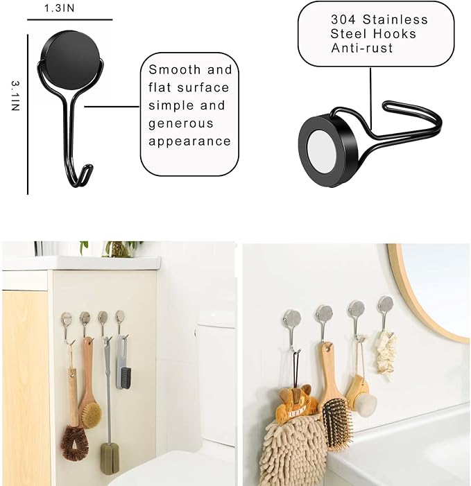 Magnetic Hooks,Heavy Duty 304 Stainless Steel Magnet Hooks for Cruise Refrigerator Grill,Strong Magnet with Hooks for Home Kitchen,Garage Toolbox Key Holder,4pack （Black,1.3in-1 40Lbs）